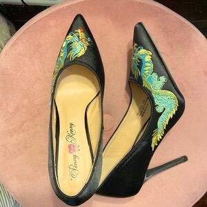 Black Satin Embroidered Stilettos